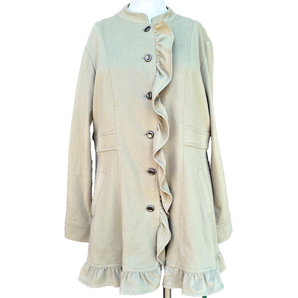 Tweeds Beige Ruffle Jacket Coat 1X Button Front Romantic Feminine NEW Cottagecor